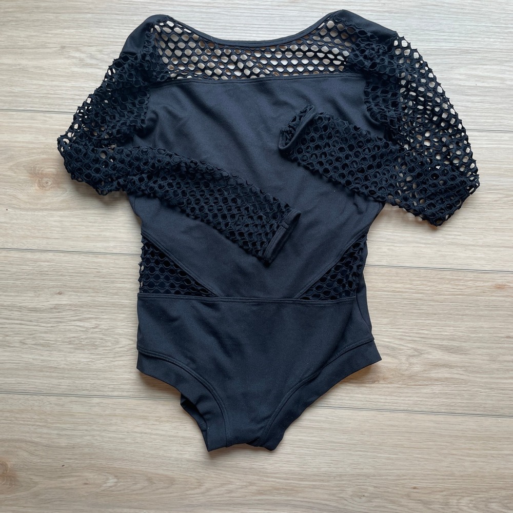 Sadie Jane Black Long Sleeve Fishnet Mesh Cutout Dance Leotard XS